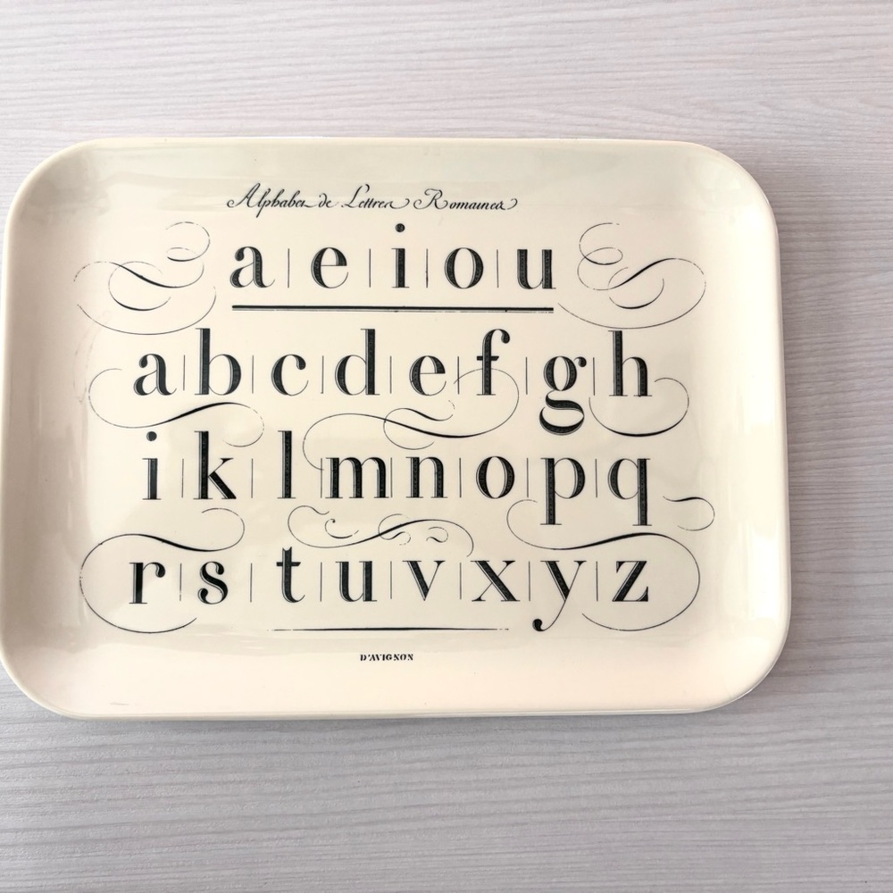 John Derian Alphabet Script Decorative Tray - Creamy White with Black Lettering